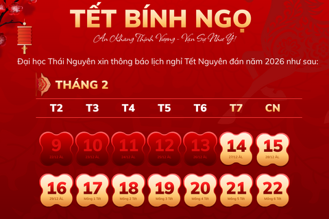 Đại học Thái Nguyên thông báo kế hoạch nghỉ Tết Nguyên đán Bính Ngọ năm 2026